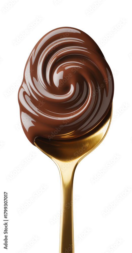 Obraz premium Appetizing Creamy Swirled Dark Chocolate Hazelnut Spread on Shiny Golden Spoon, Isolated on Transparent and White Background