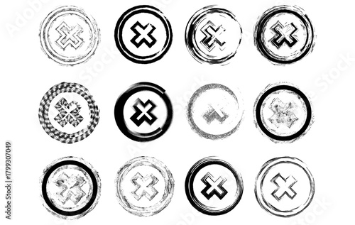 A collection of grunge style X mark icons featuring distressed textures, rough brush strokes, and circular stamp designs. Perfect for warning signs, rejected symbols, and graphic design projects.
