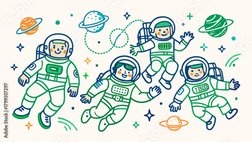 Astronauts in space isolated on white background