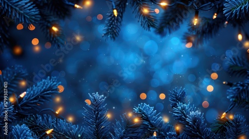 christmas dark blue fir tree background with glowing bokeh lights in night and central empty copy space for xmas greeting wishes © David Kreuzberg