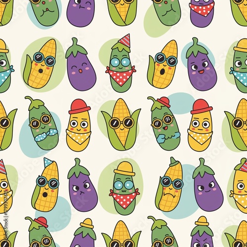 Seamless pattern featuring simplified silhouettes of vegetables—pea pods, corn cobs, and eggplants—with expressive cartoon faces (smiles, winks, pouts, wide eyes) and playful accessories like bright h