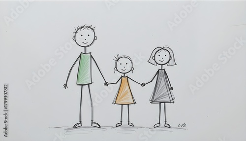 Simple Hand Drawn Stick Figure Family Holding Hands, Father, Mother, and Child