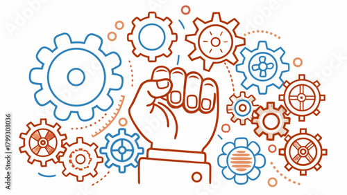 An illustration of hands against a backdrop of spreading gears, represented by contour lines. Conceptual representations of strength, teamwork, development, engineering, and technological progress.