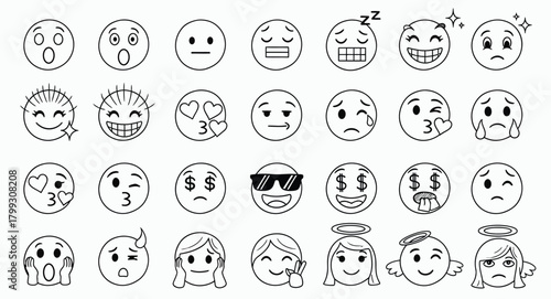 A collection of hand drawn cartoon faces expressing a wide range of emotions and personalities