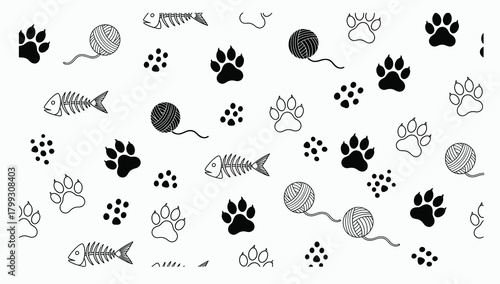 Whimsical black and white sketchy pattern featuring paw prints fish skeletons and yarn balls