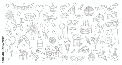 Whimsical hand drawn doodle collection of party elements and celebratory icons
