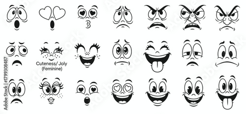 A collection of vintage cartoon faces showing a wide range of expressive emotions and styles