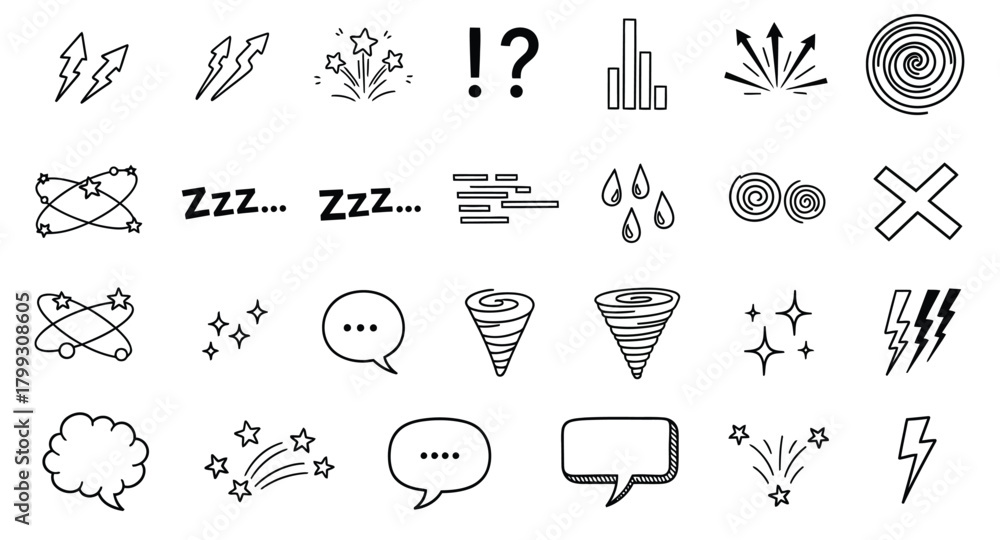 Fototapeta premium Collection of hand drawn doodle icons representing various concepts and emotions in black and white