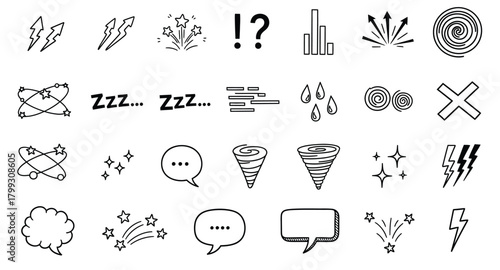 Collection of hand drawn doodle icons representing various concepts and emotions in black and white
