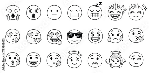 Collection of hand drawn cartoon egg faces expressing a wide range of emotions and expressions
