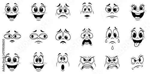 Collection of hand drawn cartoon faces expressing a wide range of emotions and expressions