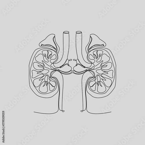 A clean, continuous line drawing of the human kidneys, adrenal glands, and main blood vessels/ureters. This minimalist anatomical illustration is perfect for medical, educational, or wellness projects