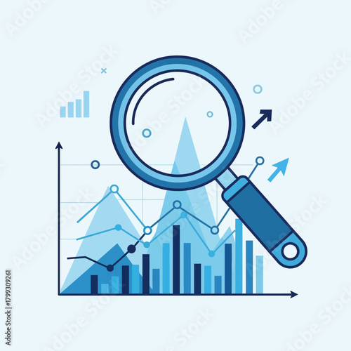 Magnifying glass examines financial chart showing upward trend, indicating business growth and success in a clean, modern style.