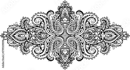 Intricate paisley flourish design offers elegant decorative element for sophisticated branding and luxurious print projects