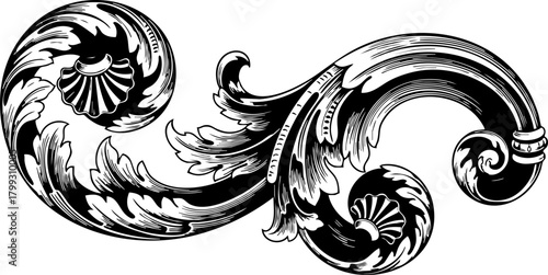 Elegant vintage flourish design with intricate scrollwork and ornate leaf details, perfect for decorative accents and sophisticated branding applications.