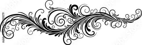 Elegant black ornate flourish design element perfect for invitations, borders, and decorative accents in sophisticated projects.