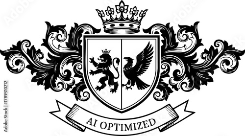 Elegant heraldic crest design featuring lion and griffin symbols with ornate scrollwork and royal crown for distinguished brand identity