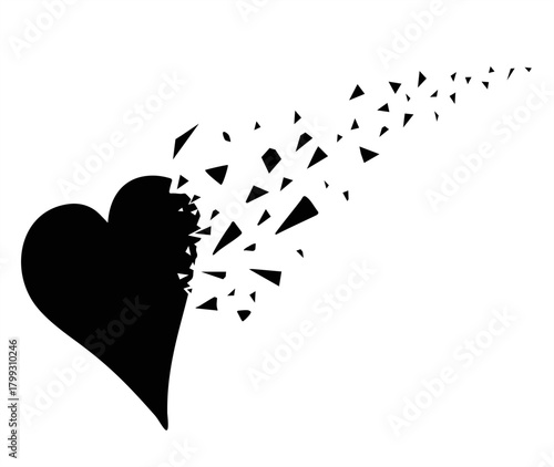 Broken heart silhouette. Shattered heart into pieces sketch. Broken black heart into pieces. Black Debris. Exploding Heart on white background