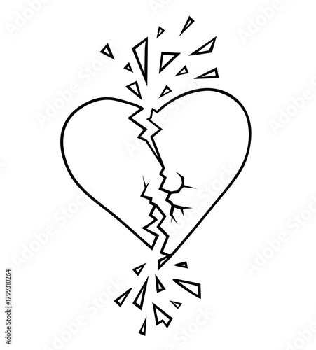 Broken heart silhouette. Shattered heart into pieces sketch. Broken black heart into pieces. Black Debris. Exploding Heart on white background