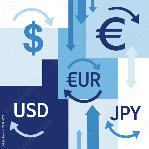 Currency symbols moving within geometric shapes representing global finance and exchange rates in shades of blue, conveying financial transactions and market trends.