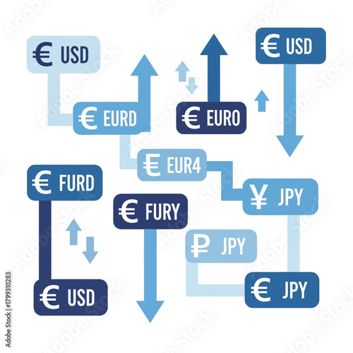Currency symbols flow through interconnected paths representing global exchange rates and financial transactions in a modern, simplified visual style, conveying economic activity.