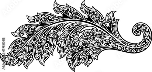 Elegant ornate flourish design with intricate leaf patterns and swirling curves, perfect for decorative accents and branding.