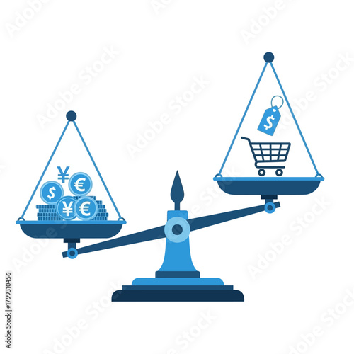 Scales balancing currency and shopping cart representing exchange rates and purchasing power in global business, showing financial concept.