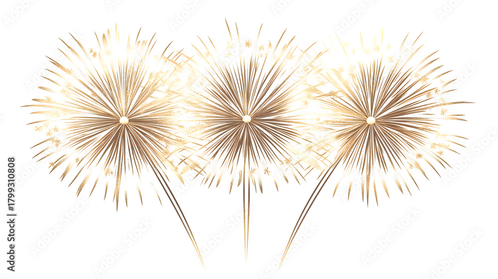 Fototapeta premium Bright golden abstract fireworks with glitter accents on cream background, ideal for holiday celebrations, party invitations, festive marketing, and luxury event visuals.