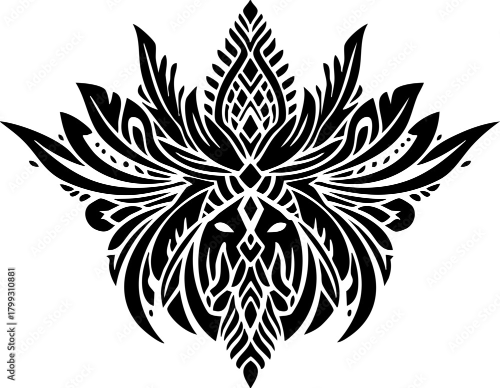 Obraz premium Intricate black tribal flourish design with symbolic animal face, perfect for elegant branding and spiritual art projects