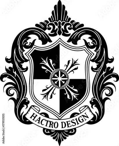 Elegant heraldic crest with ornate flourishes and central emblem symbolizing heritage and prestige, perfect for branding and identity.