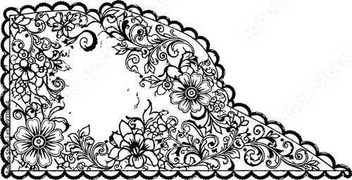 Exquisite floral lace corner embellishment with intricate swirling vine details, perfect for elegant invitations and decorative designs.