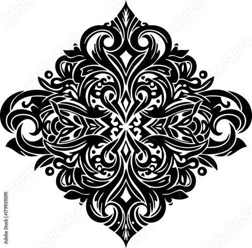 Intricate damask flourish creating elegant vintage design elements for sophisticated decor and branding applications