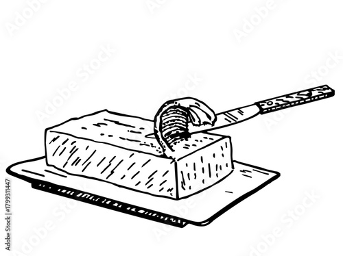 Doodle of butter curl and knife. Knife cut butter, natural dairy product symbol. Breakfast. Kitchenware. For menus and brunch invitations. Sketch art for food design
