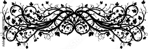 Elegant black vine flourish with leaves creates a sophisticated decorative border for timeless design projects