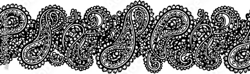 Exquisite black paisley lace border design offers elegant decorative detail for fashion and textile applications