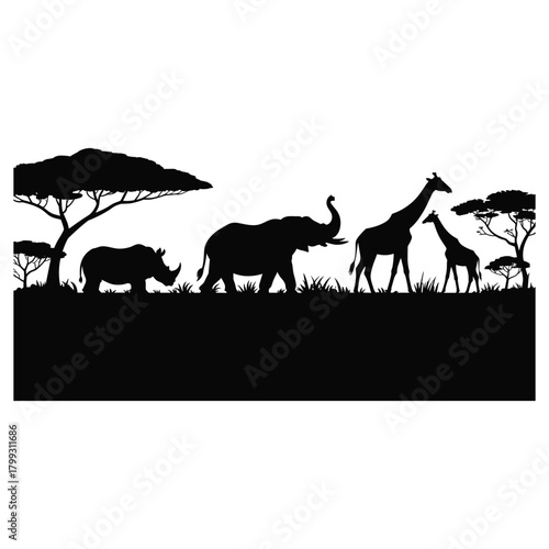 African savanna wildlife silhouette with trees and grass