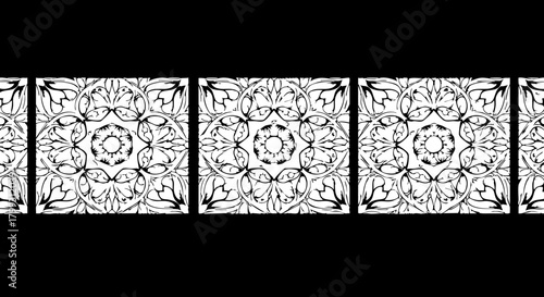 Intricate black and white floral mandala patterns repeat seamlessly, offering elegant decorative accents for sophisticated design projects.
