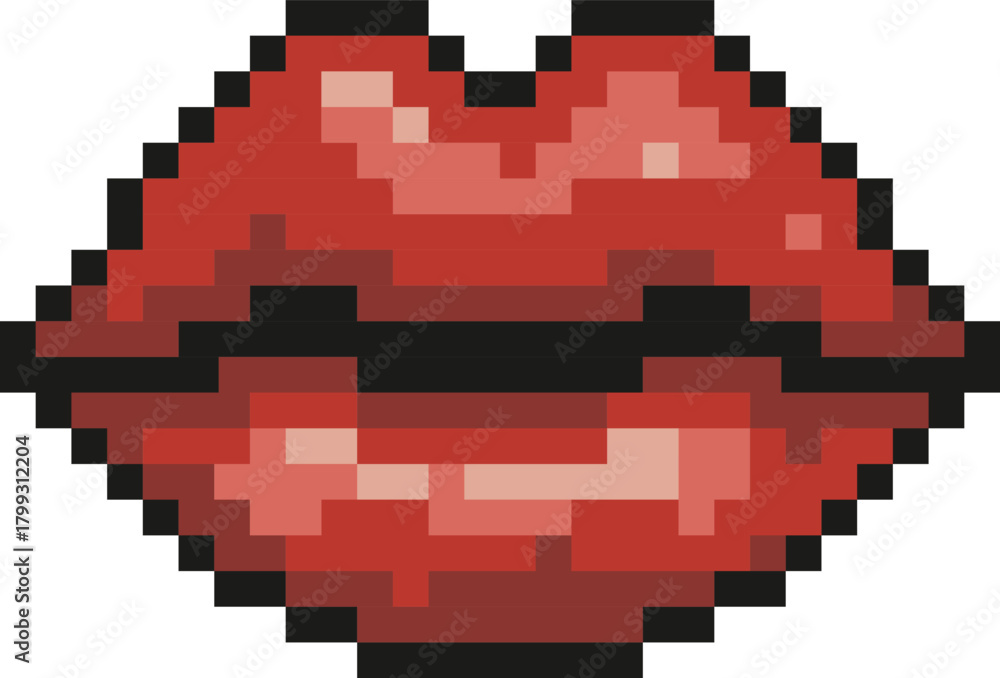 Obraz premium A bold pixel-art illustration of red lips, designed in a retro 8-bit style. The blocky pixels and vibrant color create a playful, nostalgic look inspired by classic video games and pop art aesthetics.