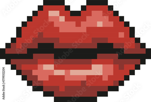 A bold pixel-art illustration of red lips, designed in a retro 8-bit style. The blocky pixels and vibrant color create a playful, nostalgic look inspired by classic video games and pop art aesthetics.
