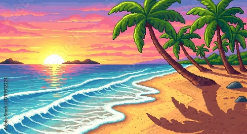 pixel art game level background, 8 bit, landscape, arcade video game, pixel sPixel art of a tropical beach scene at sunset with palm trees, ocean waves, sand, and distant islands under a colorful sky.