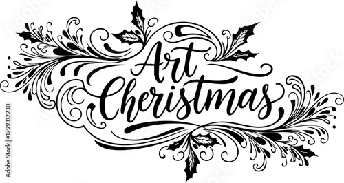 Elegant Art Christmas decorative flourish with holly and swirls perfect for festive greetings and seasonal designs