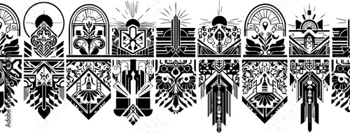 Intricate art deco emblems and crests creating a sophisticated and timeless design pattern for branding and decoration