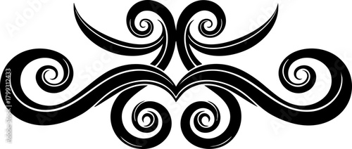 Elegant black swirling flourish design adds sophisticated decorative flair to invitations, announcements, and branding projects.