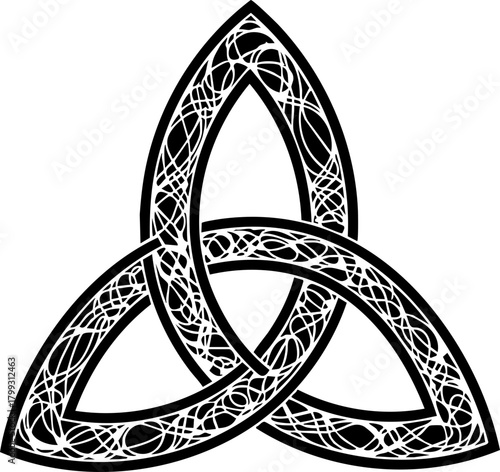 Intricate Triquetra knot symbol showcasing ancient Celtic artistry and spiritual significance in a striking black and white design.