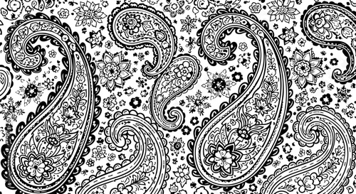 Intricate black and white paisley pattern design evokes timeless elegance and bohemian charm for textiles, fashion, and decor.