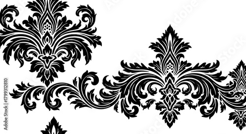 Elegant black baroque ornamental flourish design elements for sophisticated invitations, luxury branding, and vintage decor projects