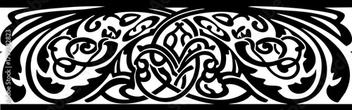 Elegant black and white ornamental border design with intricate swirling patterns and floral motifs, perfect for invitations and decorative elements.