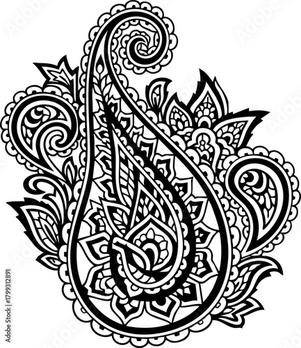 Intricate paisley flourish design evokes elegance and traditional artistry for decorative applications