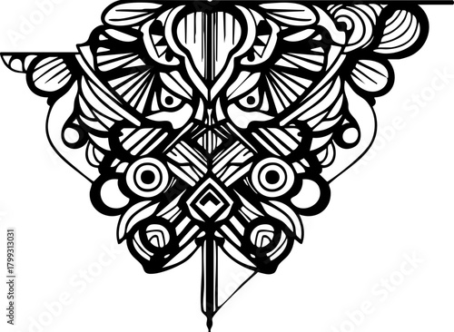 Intricate abstract black and white ornamental design evoking ancient symbolism and modern artistic flair for unique decorative projects