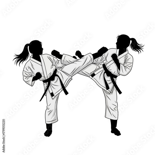 Female Martial Artists in Action: Two Women Performing High Kicks During Karate or Taekwondo Combat Practice.